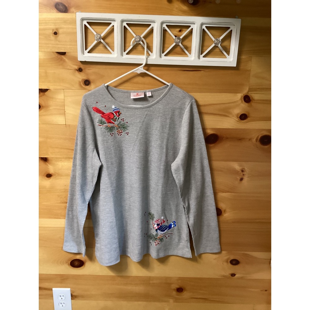 Quacker Factory Womens Gray Waffle Knit Winter Bird Embroidered Thermal Top L